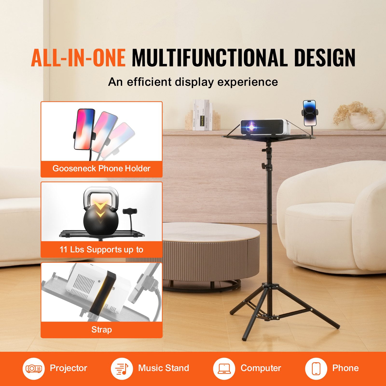 Adjustable Projector Laptop Tripod Stand with Tray Phone Holder 11lb Capacity