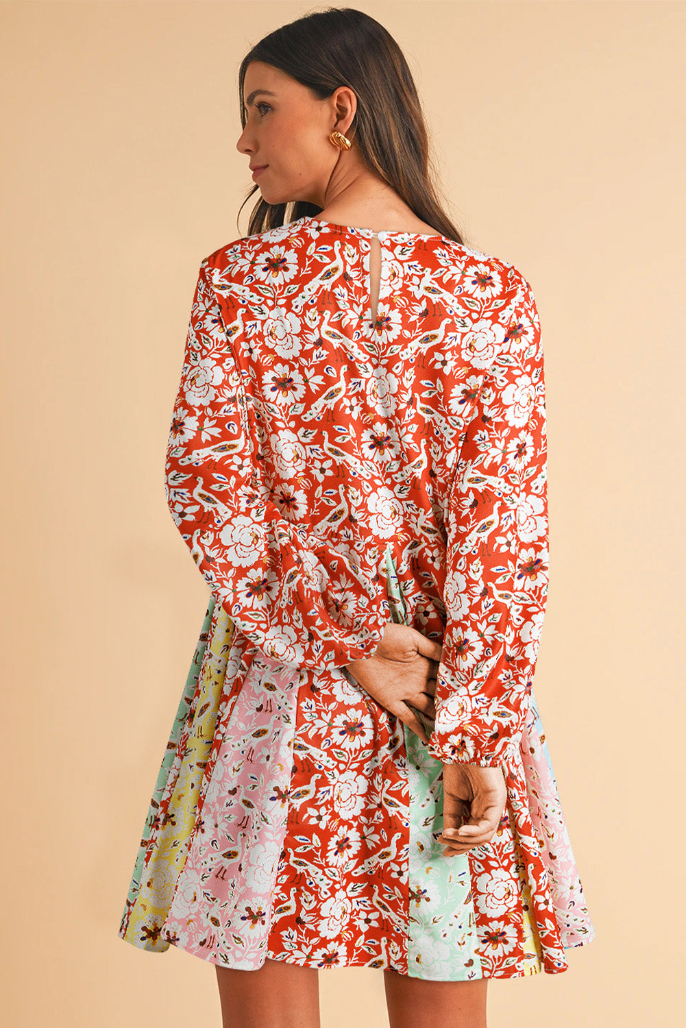 Red Floral Patchwork Pleated Mini Dress Long Sleeve Casual Boho Style