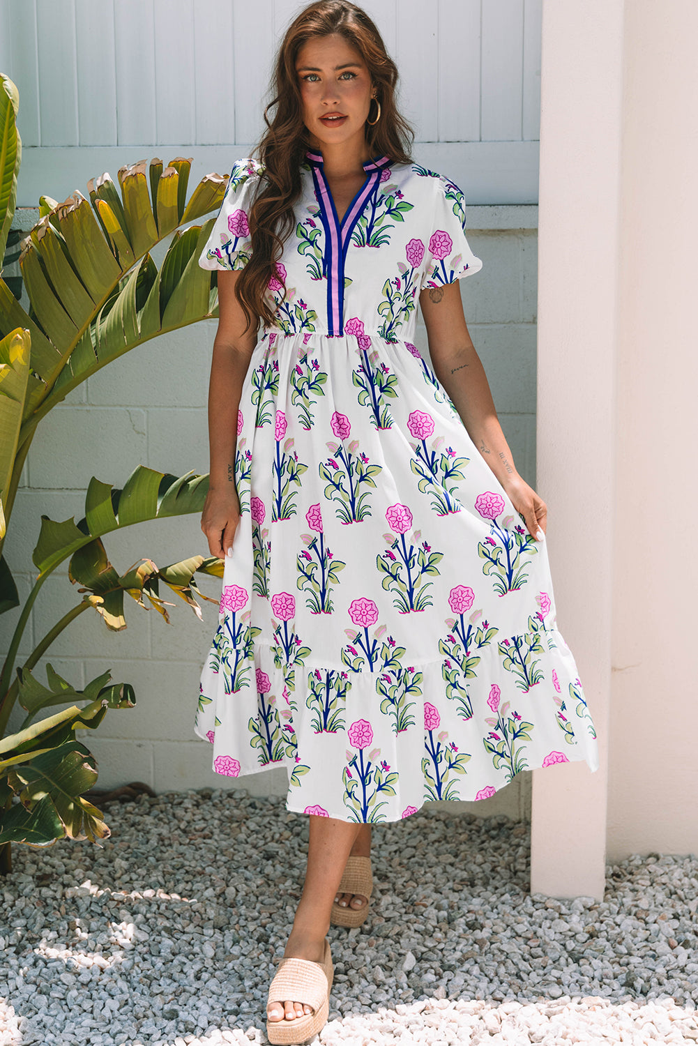 Women’s Sky Blue Floral Maxi Dress with Puff Short Sleeves, V Neck, and High Waist