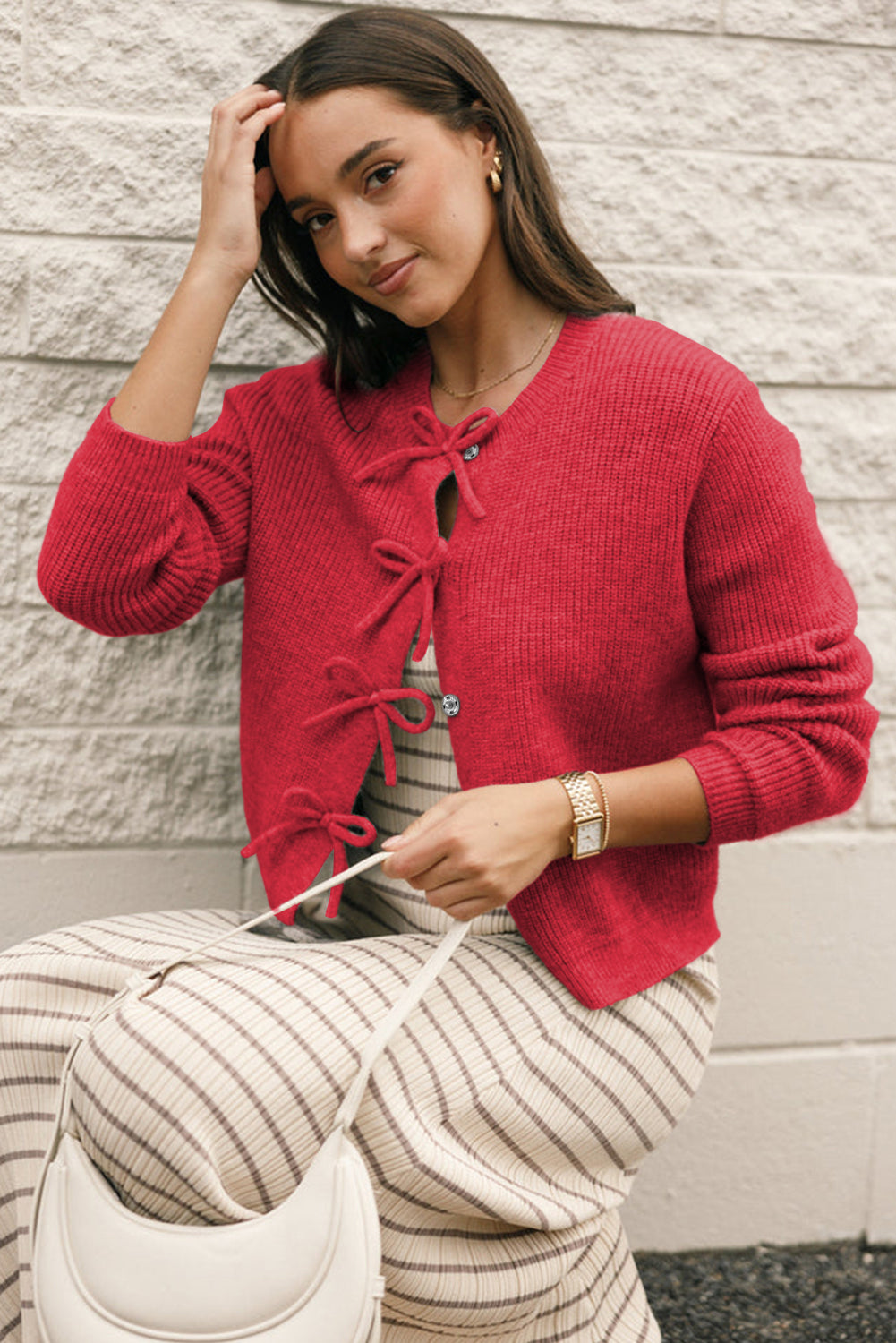 Ribbed Knit Cardigan Bow Front Buttoned Sweater Cute Casual Knit Sweater