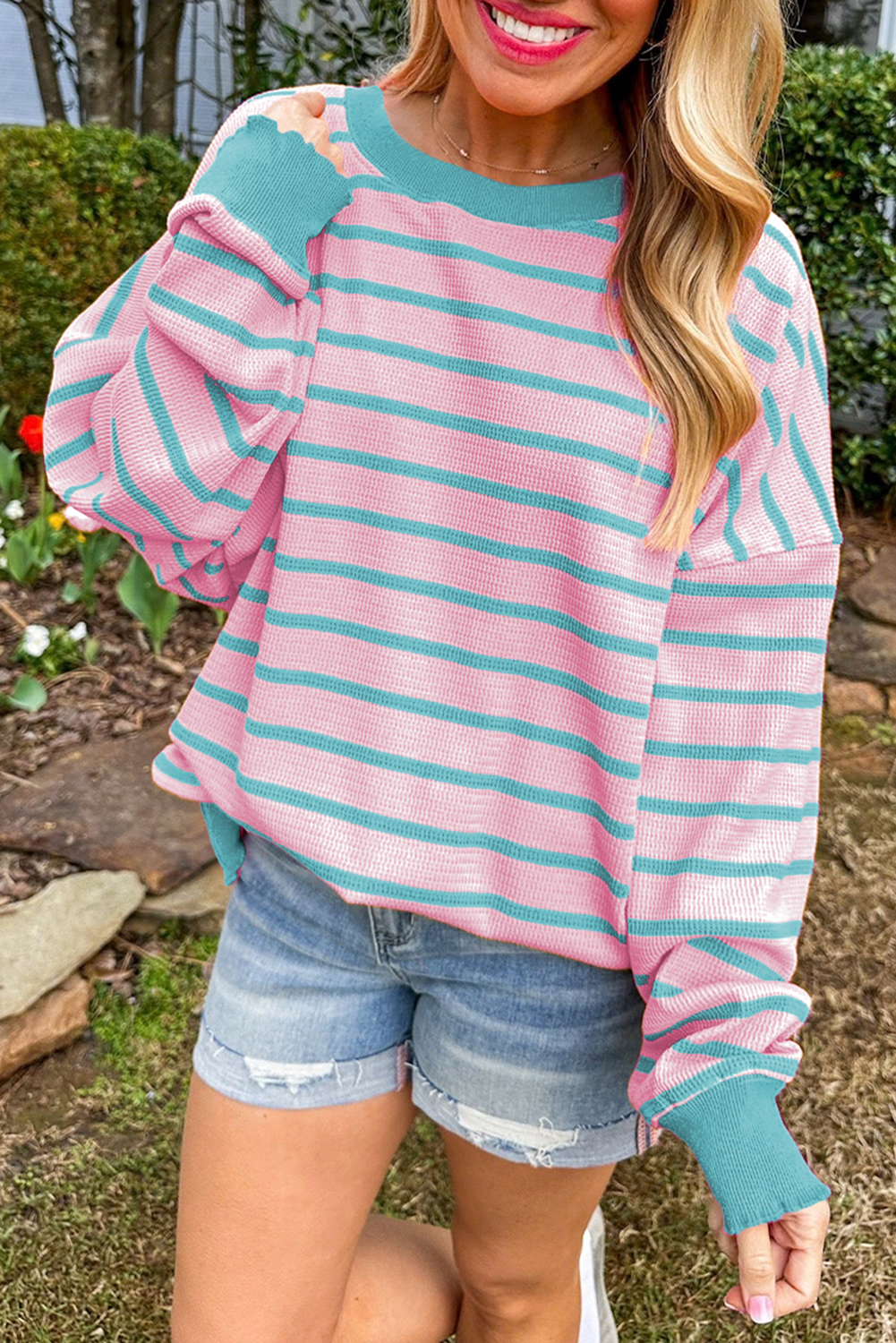 Orange Stripe Trimmed Round Neck Drop Shoulder Women’s Loose Sweater