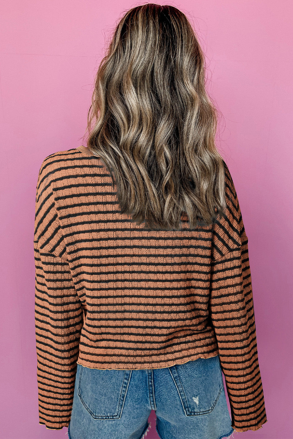 Brown Stripe Henley Long Sleeve Top with Textured Frilly Trim Buttons