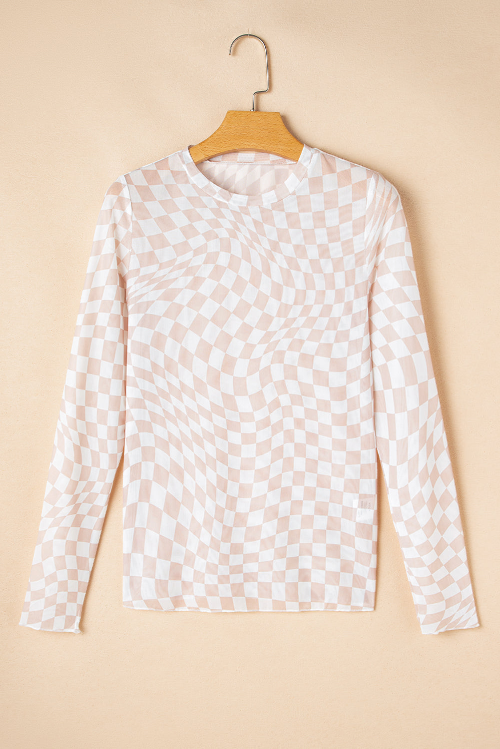 Women’s Black Checkered Mesh Top with Mock Neck and Long Sleeves for Stylish Look