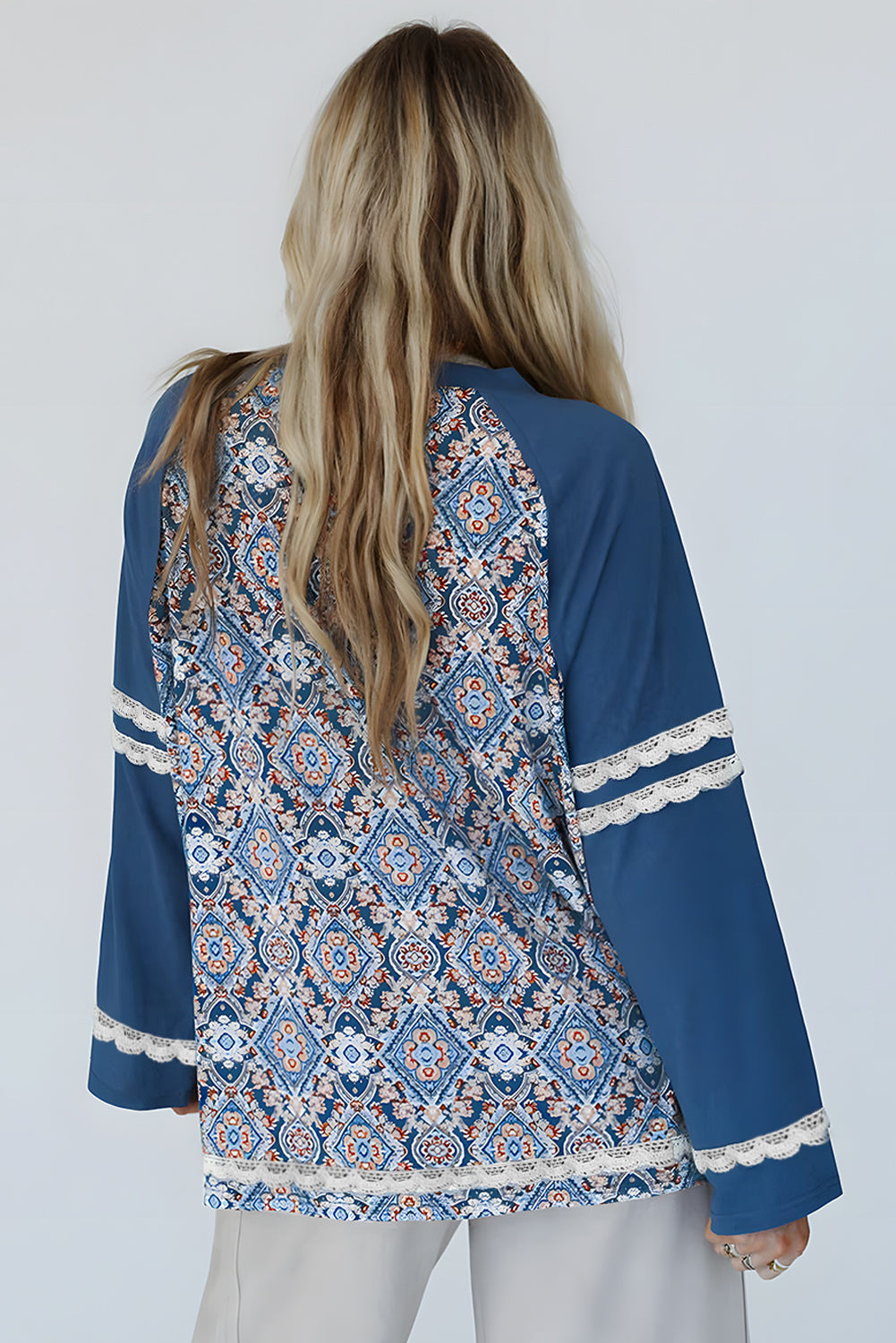 Blue Geometric Print Lace Patchwork Ric Rac Raglan Long Sleeve Women Top