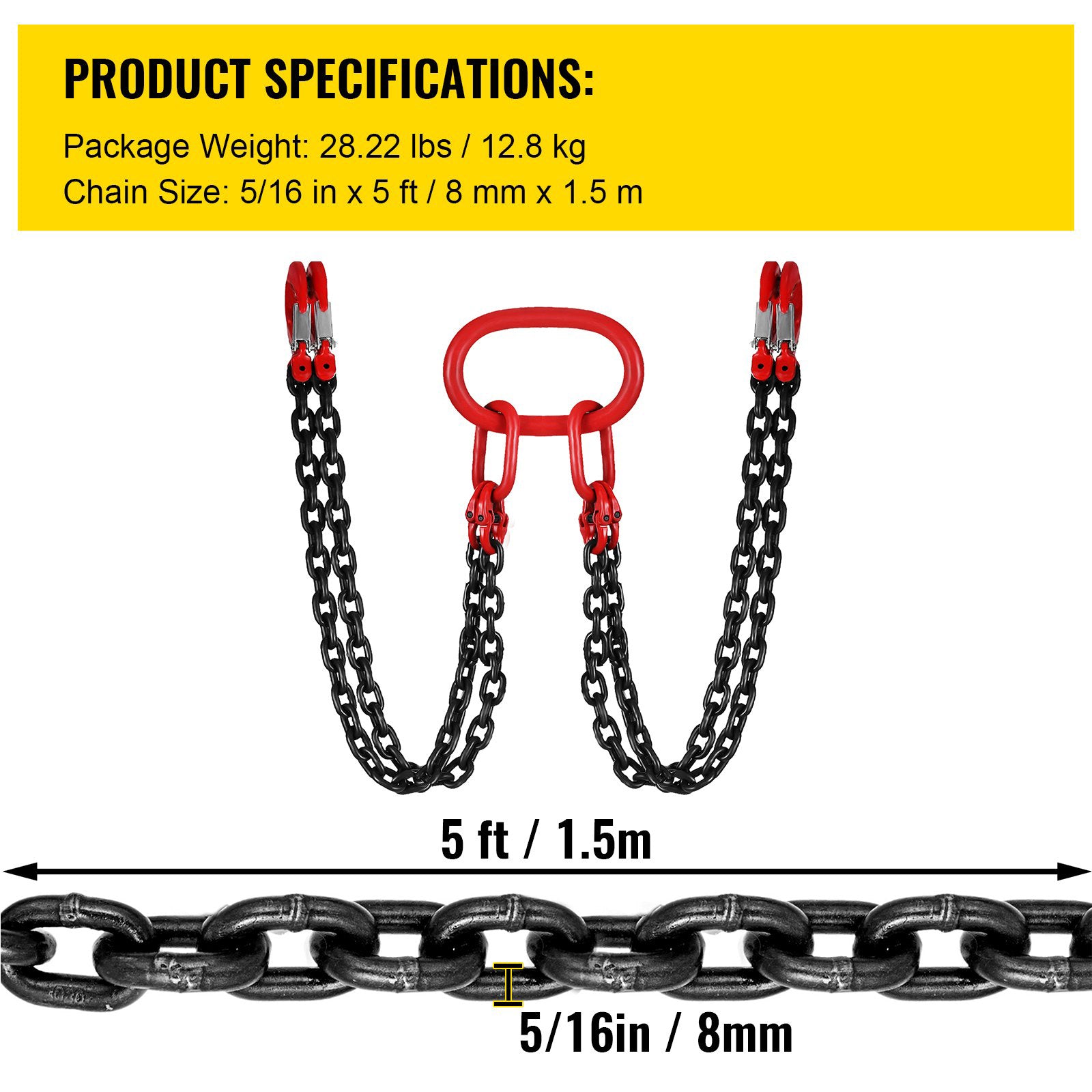 Chain Sling 8mm x 150cm, G80 5 Ton Engine Hoist Lifting Chain 4 Leg Hooks
