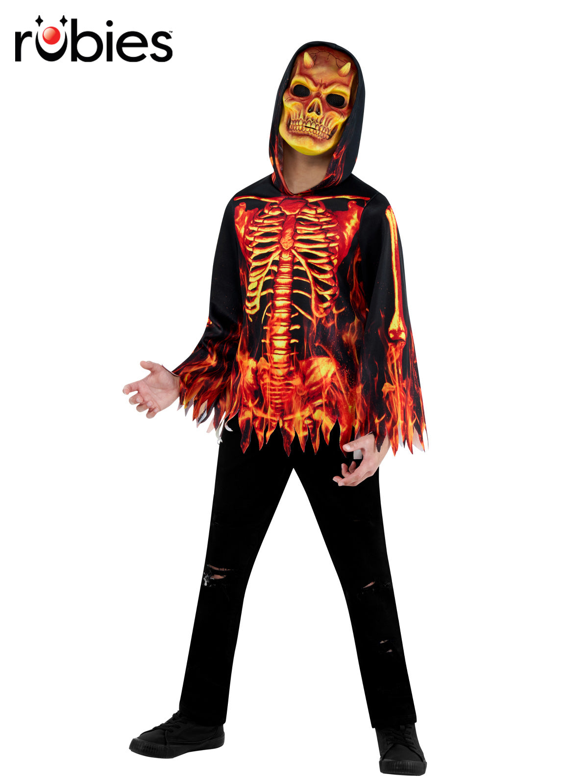 Fire Devil Kids Halloween Costume with Hooded Top and Devil Mask Scary Outfit