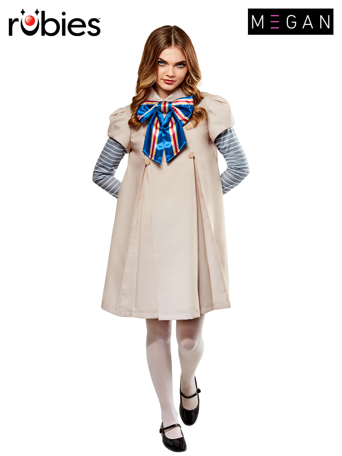 M3GAN Halloween Costume Adult Horror Doll Dress with Bow and Striped Sleeves