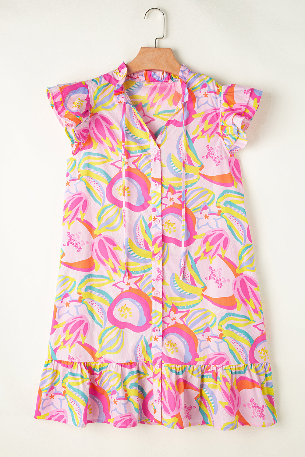 Women’s Pink Abstract Floral Dress with Ruffle Trim Flutter Sleeves and Buttons