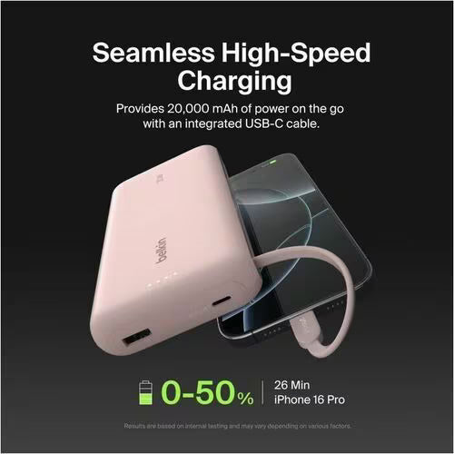 Belkin BoostCharge 20000mAh Power Bank with Integrated USB-C Cable 30W Pink
