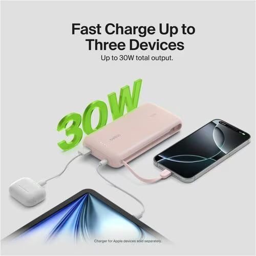 Belkin BoostCharge 20000mAh Power Bank with Integrated USB-C Cable 30W Pink