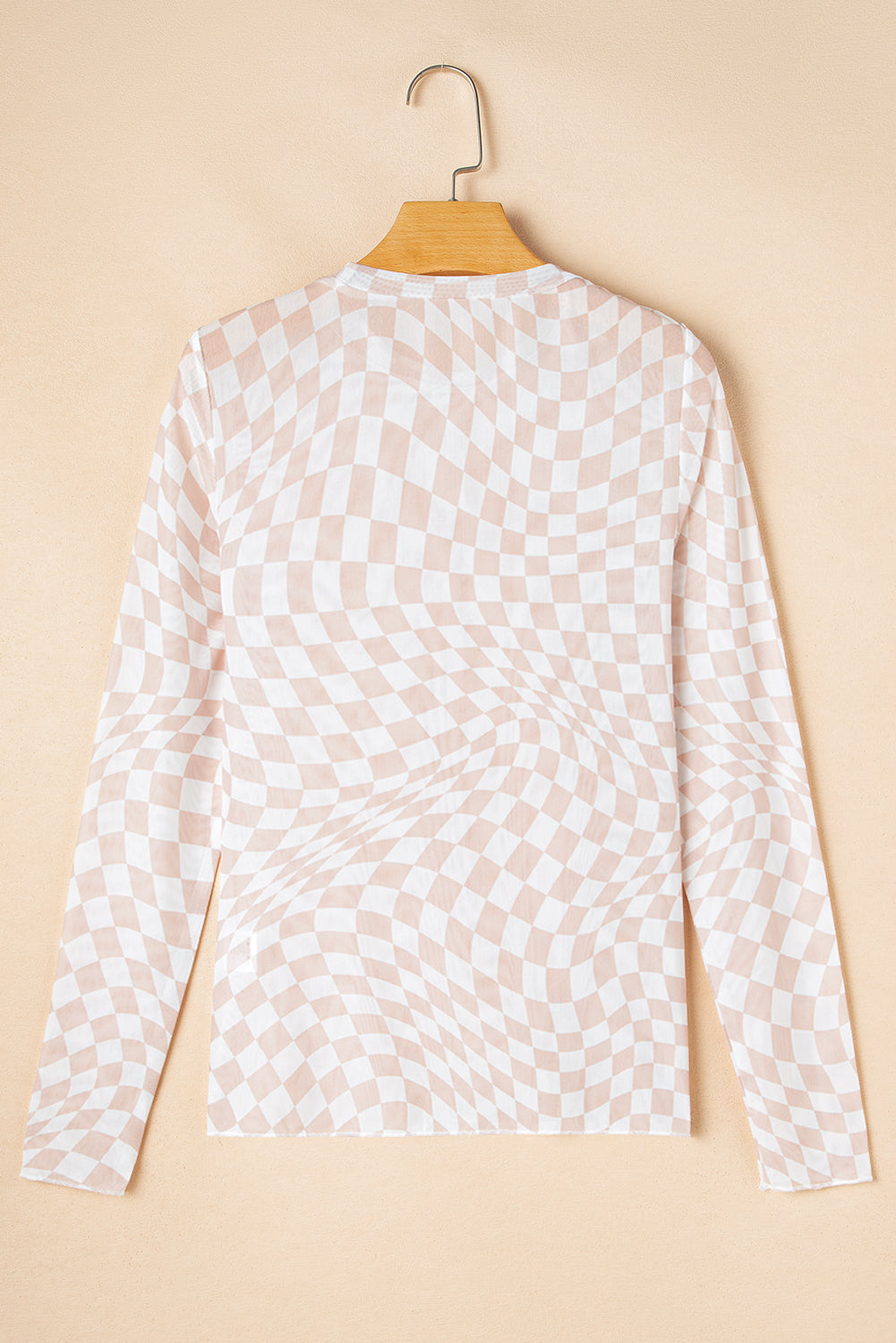 Women’s Black Checkered Mesh Top with Mock Neck and Long Sleeves for Stylish Look