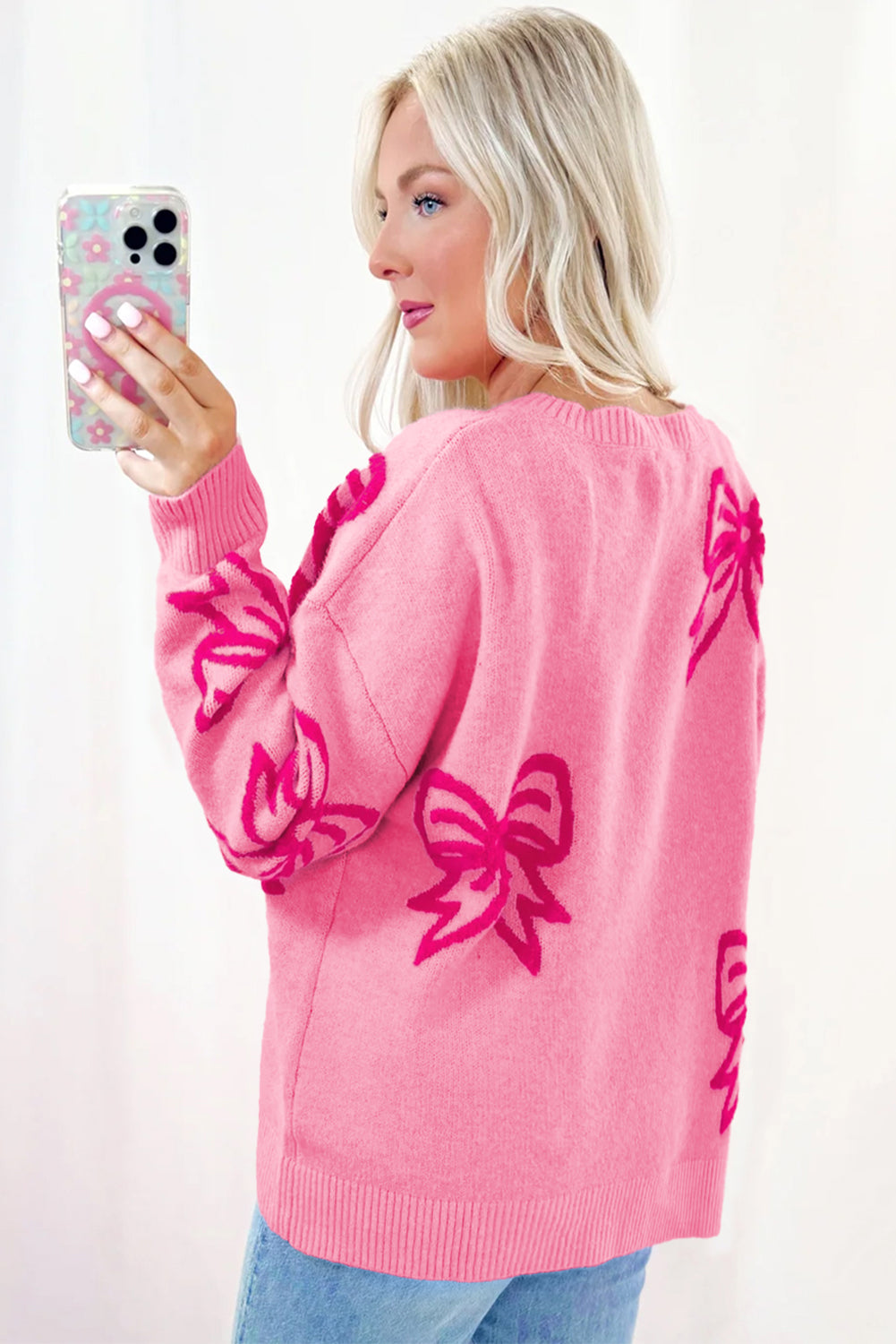 Pink Bow Pattern Drop Shoulder Women’s Loose Sweater Casual Knit Top