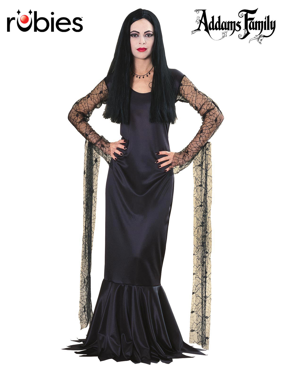 Morticia Addams Costume Adult Long Black Dress with Lace Sleeves