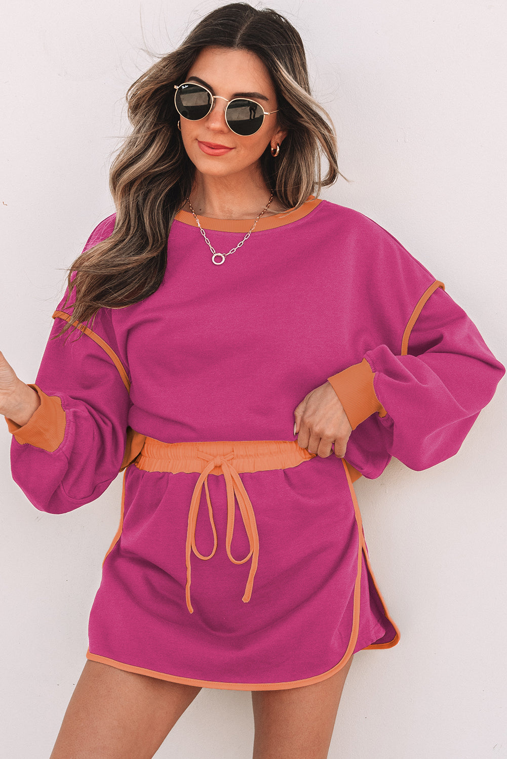Women’s Evergreen Colour Contrast Loose Pullover with Lace-Up Waist Skort Set