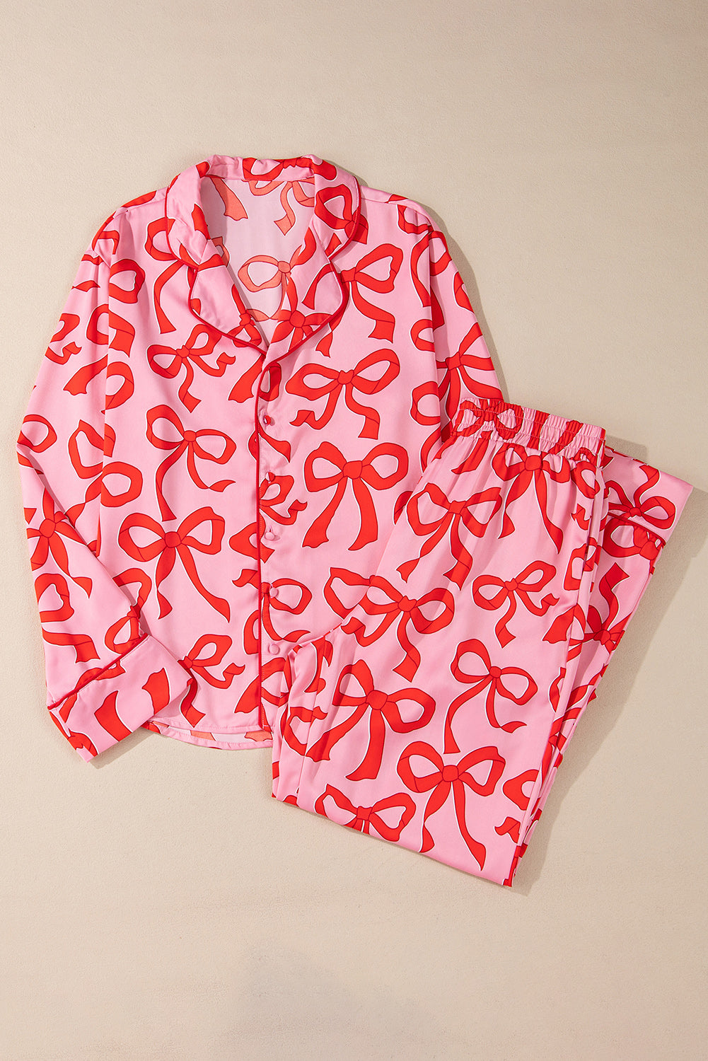 Pink 2 Piece Pajama Set Bow Print Shirt Style Long Sleeve Sleepwear