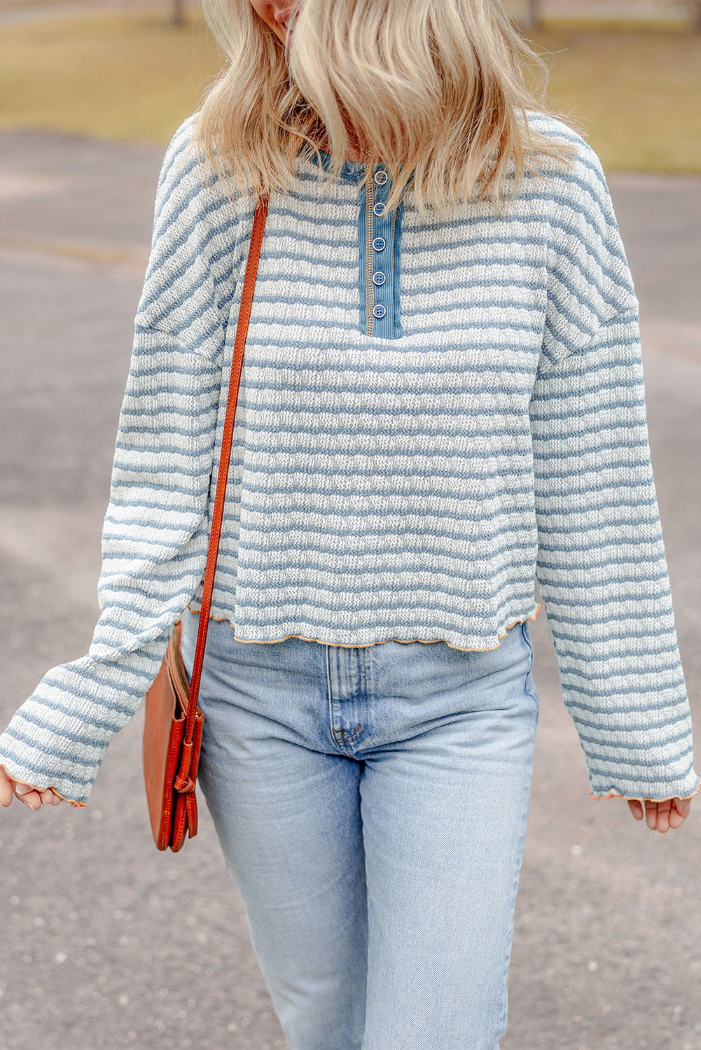 Brown Stripe Henley Long Sleeve Top with Textured Frilly Trim Buttons