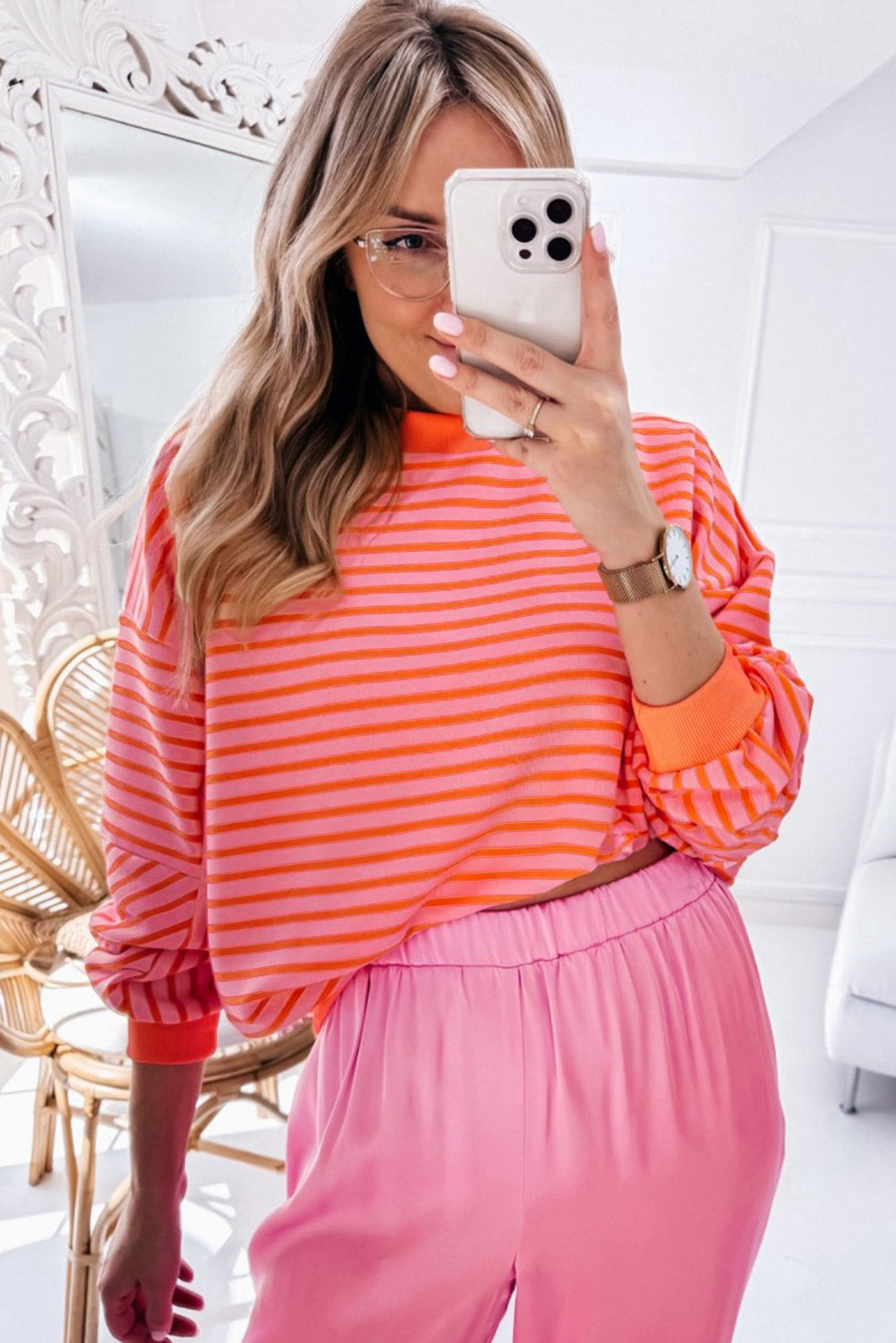 Women’s Orange Stripe Colour Block Loose Fit Collared Drop Shoulder Sweatshirt