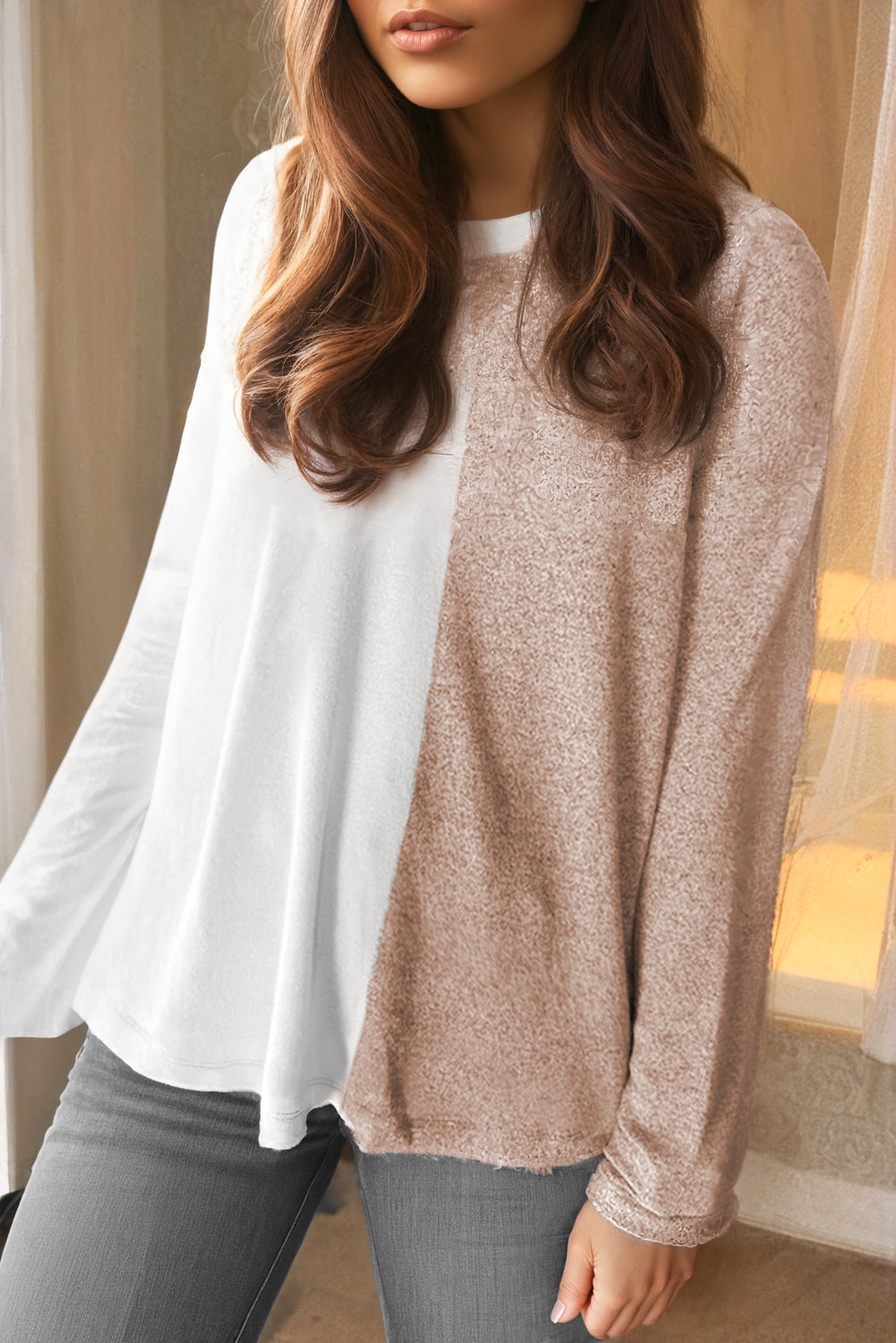 Khaki Crew Neck Long Sleeve Colourblock Top