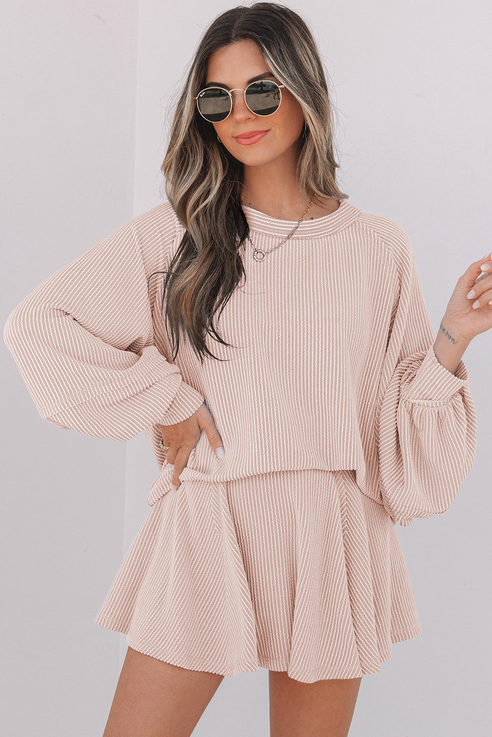 Sky Blue Lantern Sleeve Top & Ruffled Mini Skirt Set Summer Outfit for Women