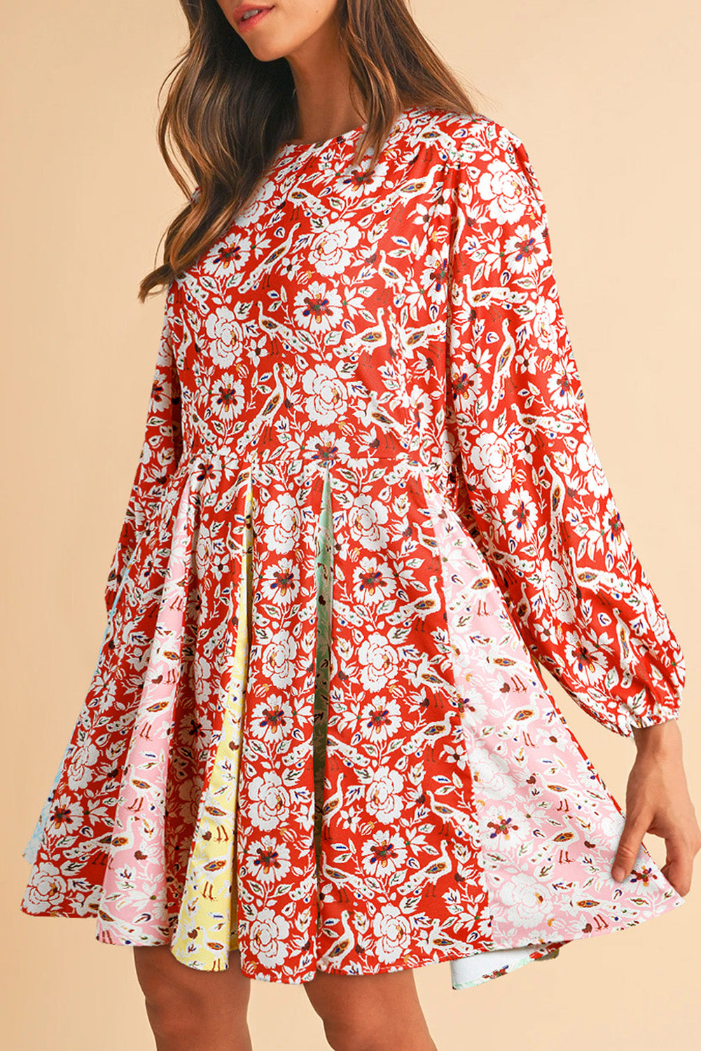 Red Floral Patchwork Pleated Mini Dress Long Sleeve Casual Boho Style
