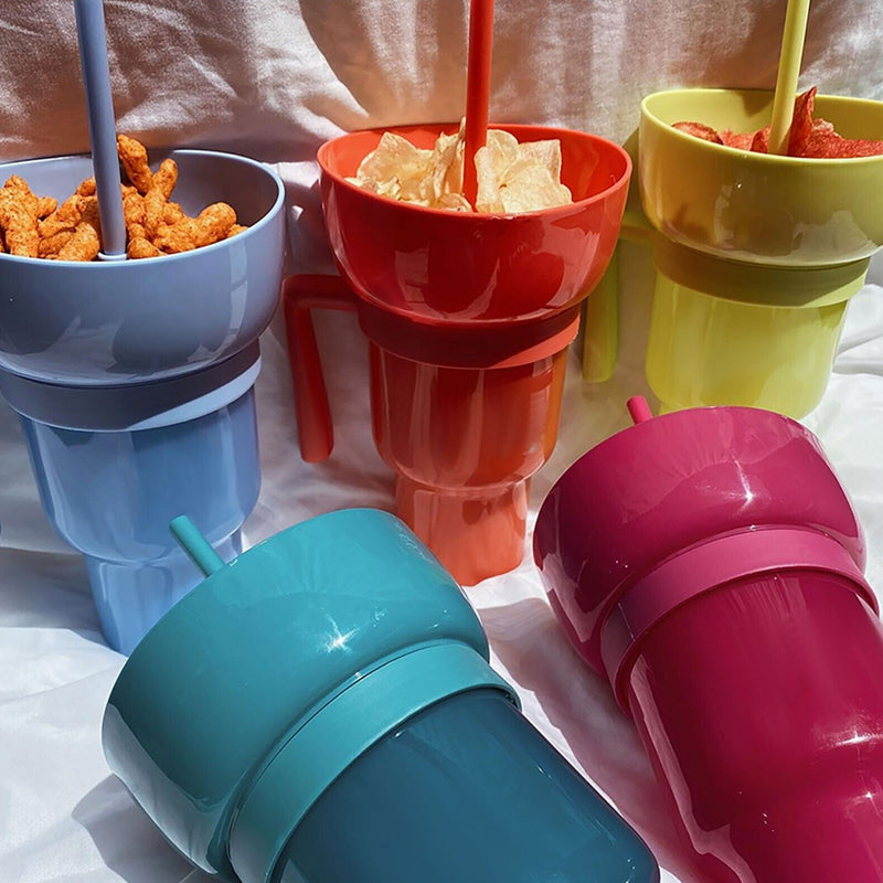 Snack and Sip Stadium Hand Cup Reusable Leakproof Snacking Bowl