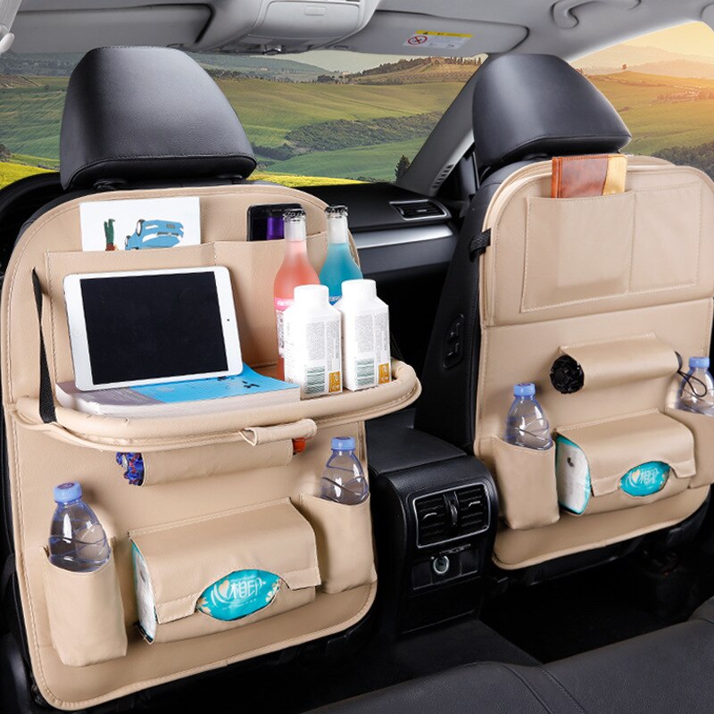PU Leather Foldable Car Seat Organizer with Table Tray and Pockets