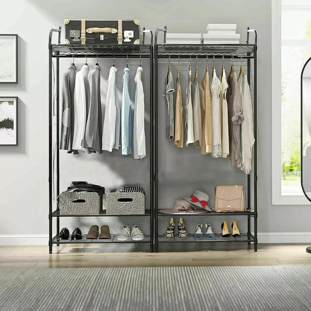 Black Metal Heavy Duty Clothes Rail Clothes Rack with 2 Shelf Storage Shelves
