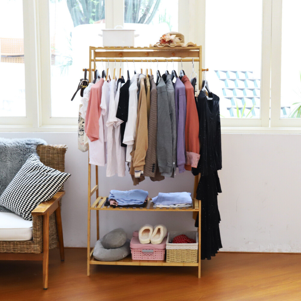 Bamboo Garment Coat Clothes Rack with top shelf and 2-tier Shoe Organizer Shelves