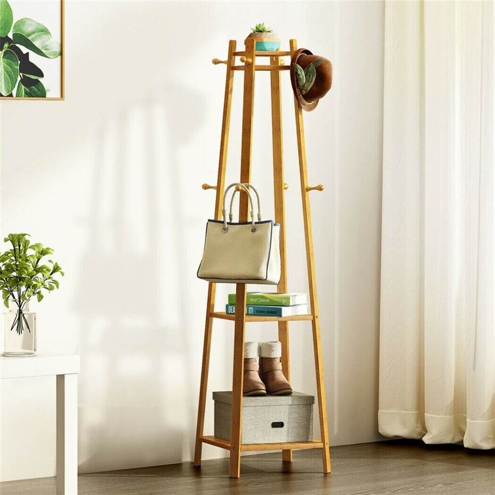Bamboo Coat Rack Free Standing 2-Shelves Clothing Storage Garment Organizer