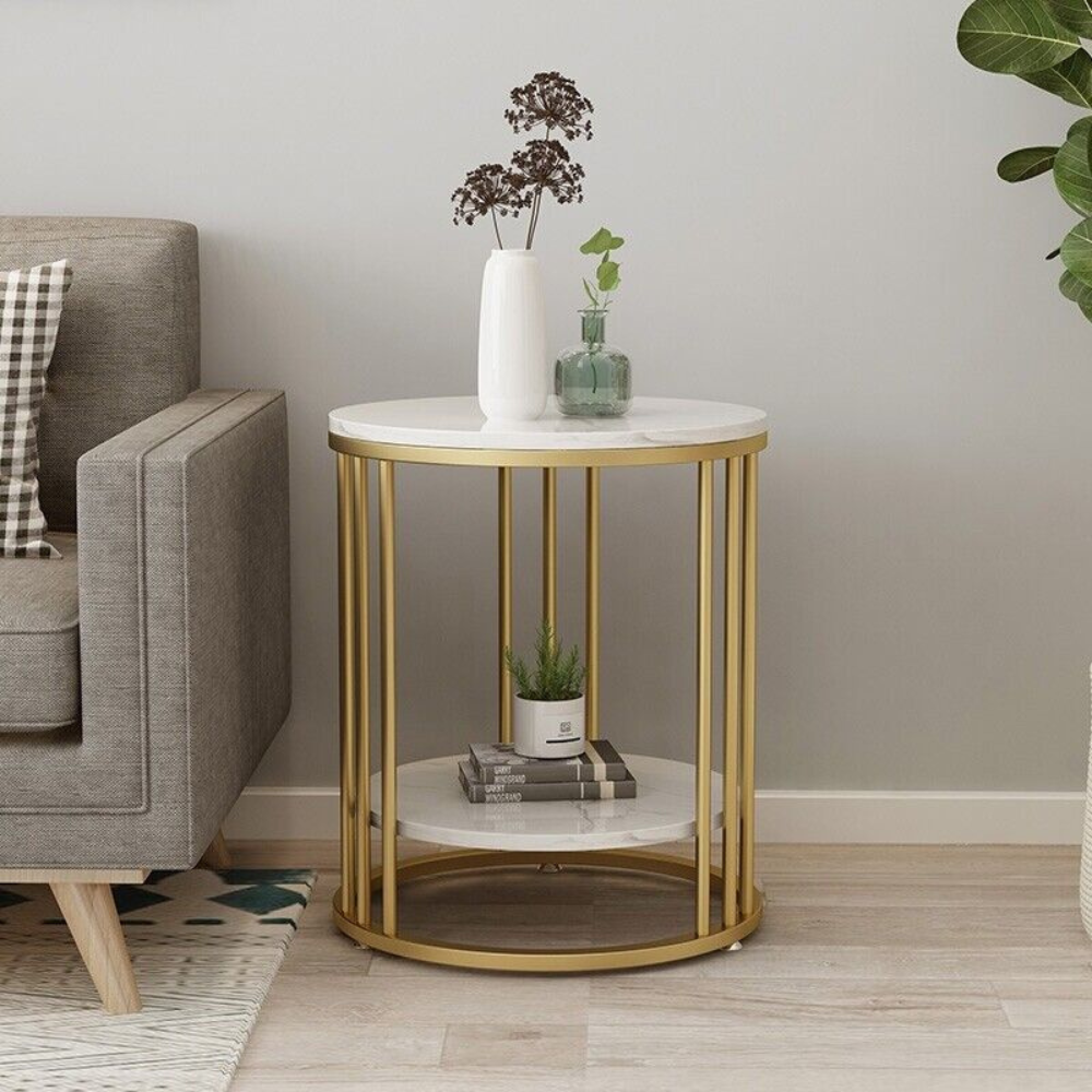 Round Marble Accent Table End 2 Tiers Storage Table - Gold
