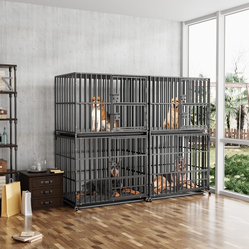 Heavy Duty Pet Dog Cage Strong Metal Crate Kennel Playpen with Wheels &Tray