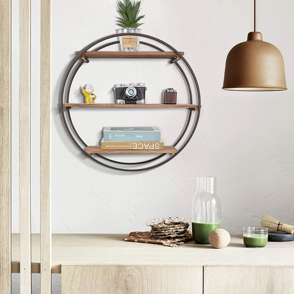3 Tier Floating Wall Mounted Rustic Industrial Wood Metal Shelves