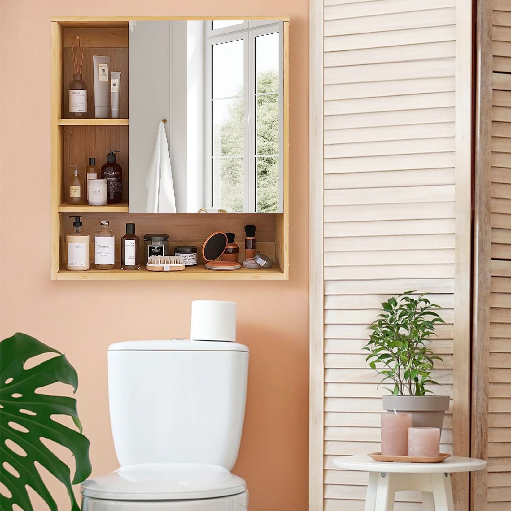 Natural Bamboo Bathroom Vanity Mirror Cabinet Wall Mounted Cupboard