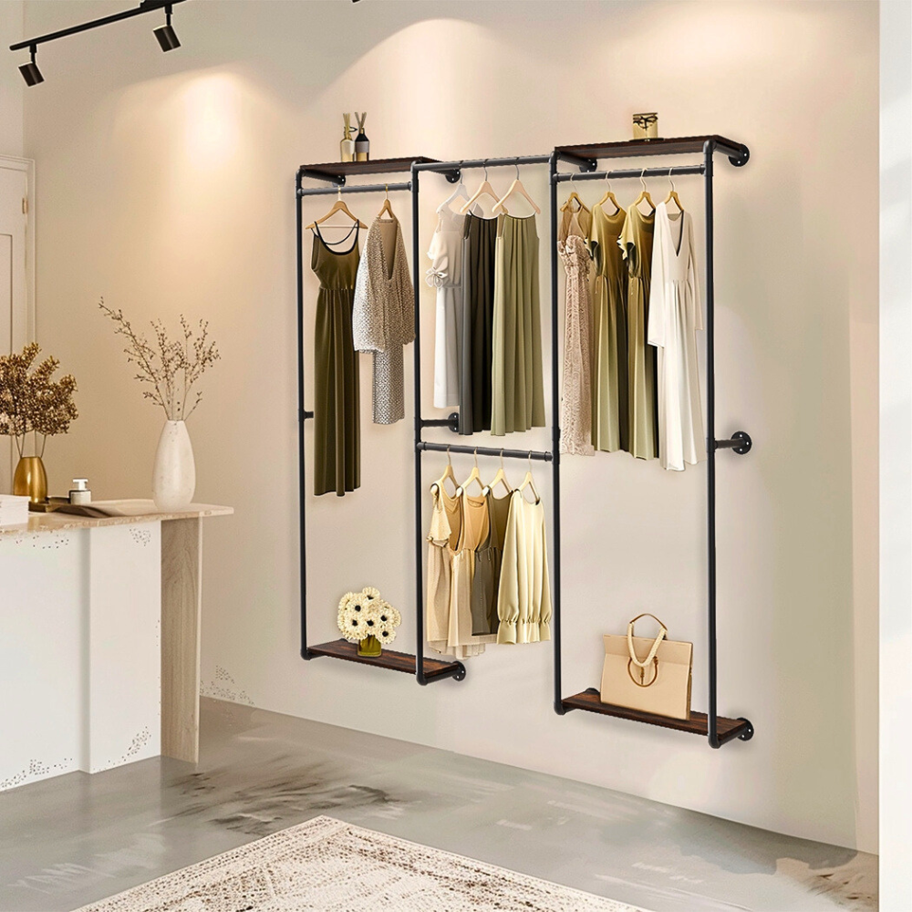 Wall-Mounted Industrial Pipe Clothes Rack with Shelves