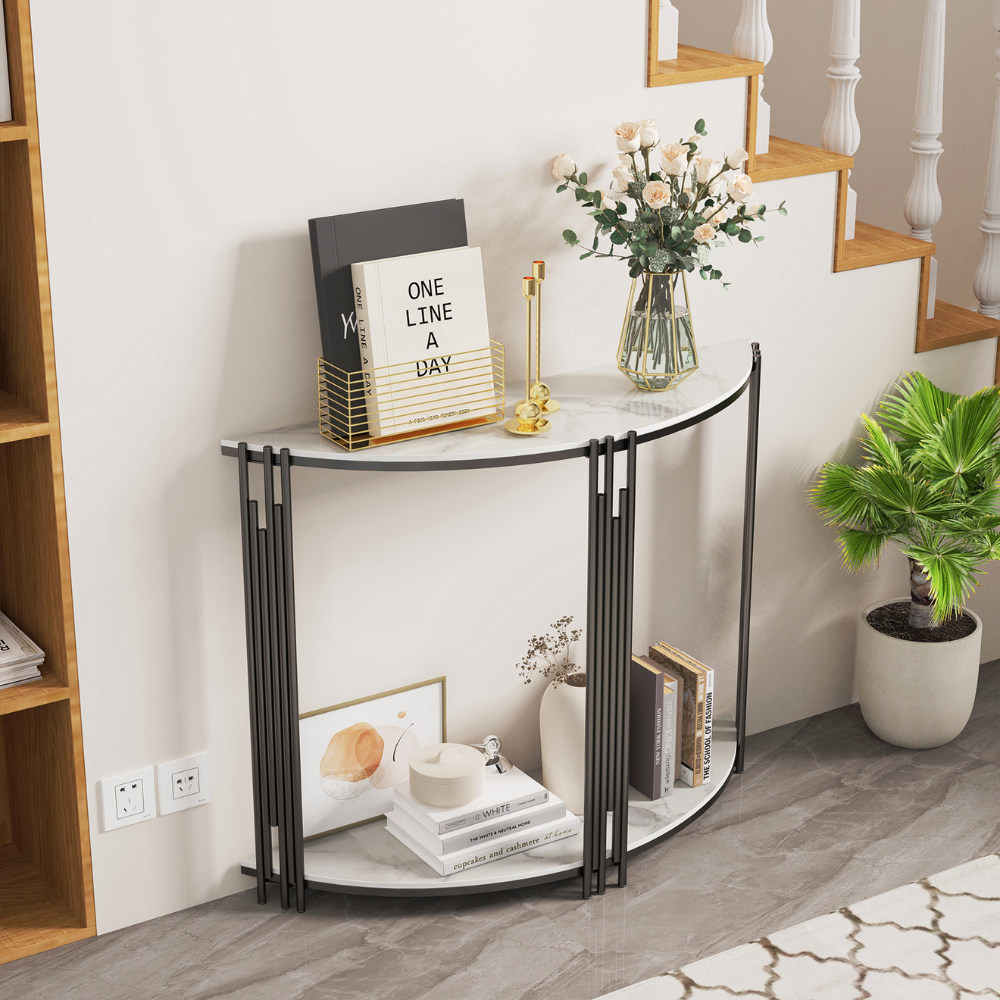 Half Moon Tiered Real Marble Entry Console Table Hallway Entryway Furniture
