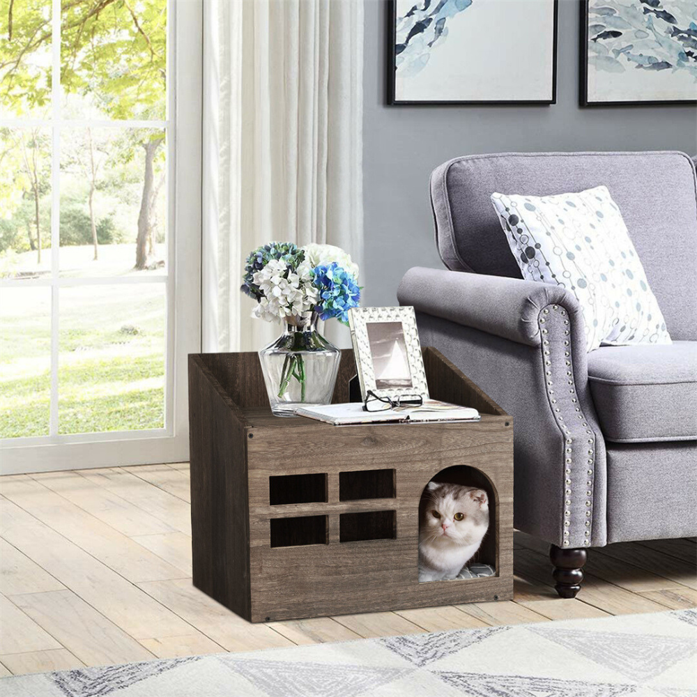 Cozy Wooden Cat Cave Bed with Cushion Pad and Litter Box