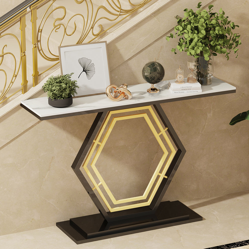 Console Table Sintered Stone Top Narrow Entryway Sofa Side Table Geometric Base