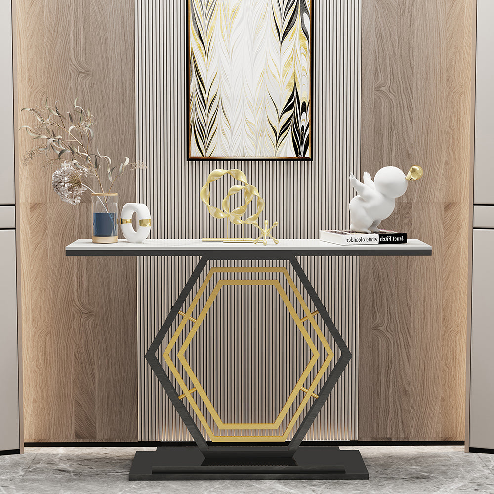 Console Table Sintered Stone Top Narrow Entryway Sofa Side Table Geometric Base