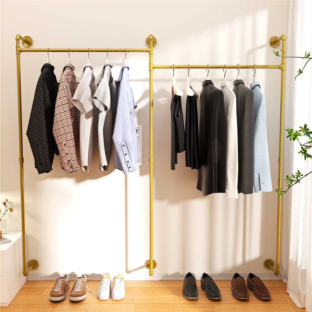 Industrial Pipe Clothing Rack Wall Mounted with Hanging Rods - Gold
