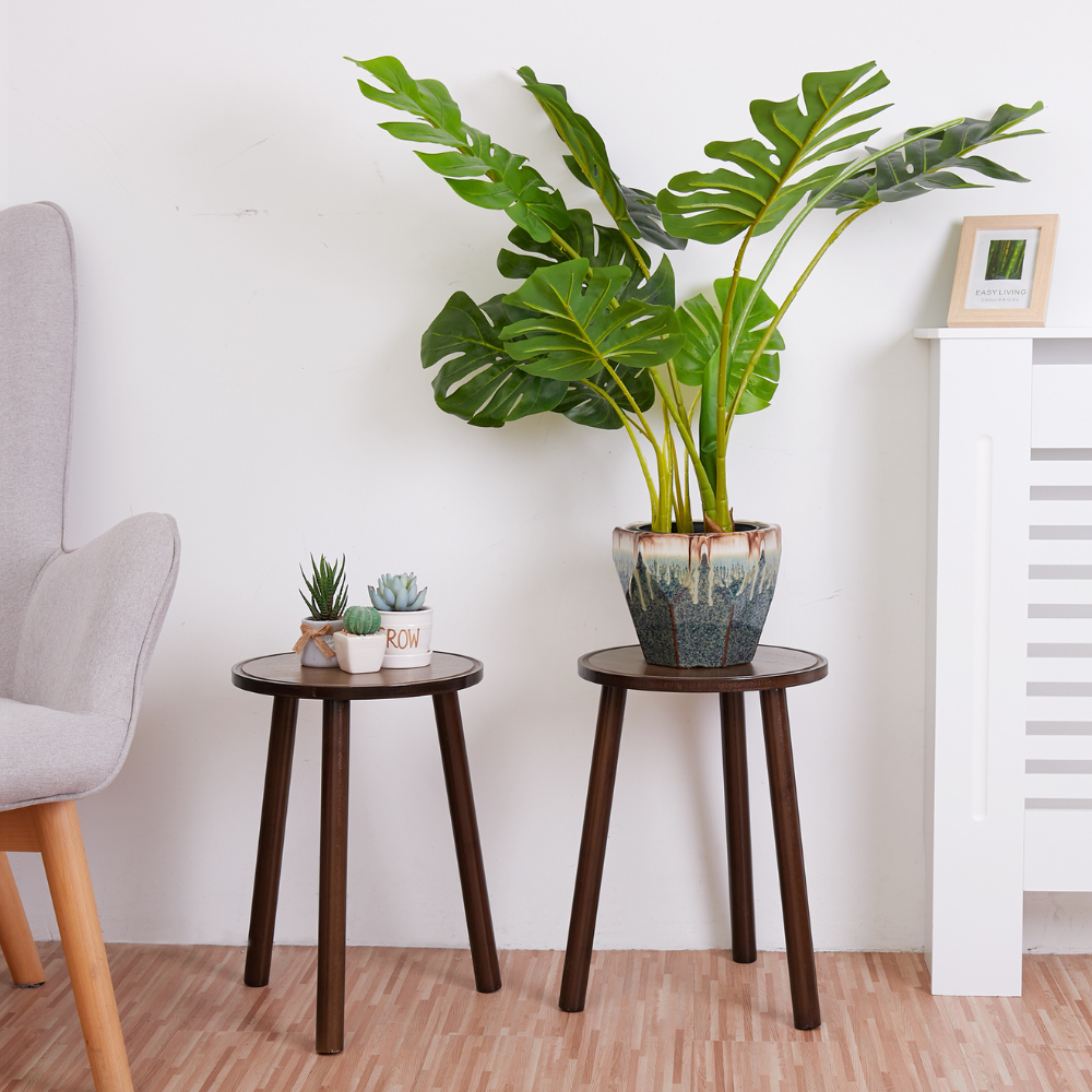 2PCS Small Side Table Round Wood Plant Stand Flower Pots