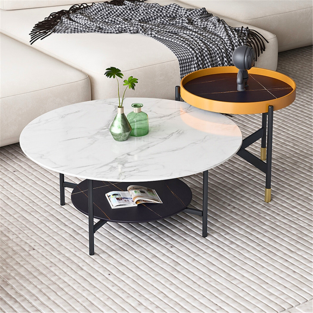 2 Tier Round Sofa Side End Table Marble Coffee Table
