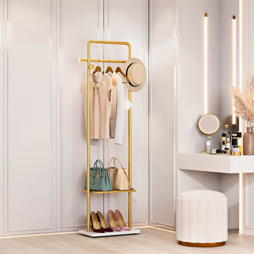 Heavy Duty Gold Pole Clothing Rack with Granite Stone Base