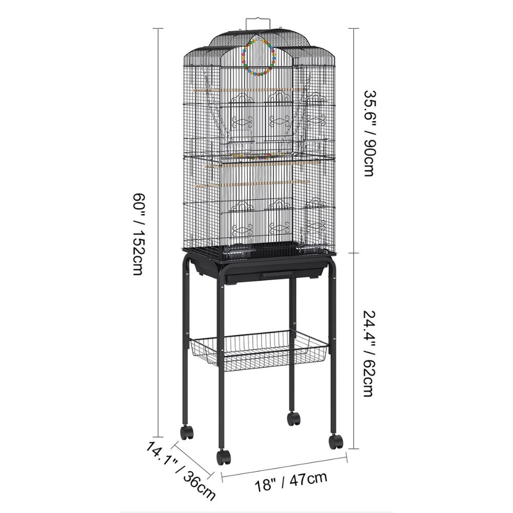 60 Inch Flight Bird Cage with Rolling Stand and Hanging Toys Large Metal Aviary for Happy Birds