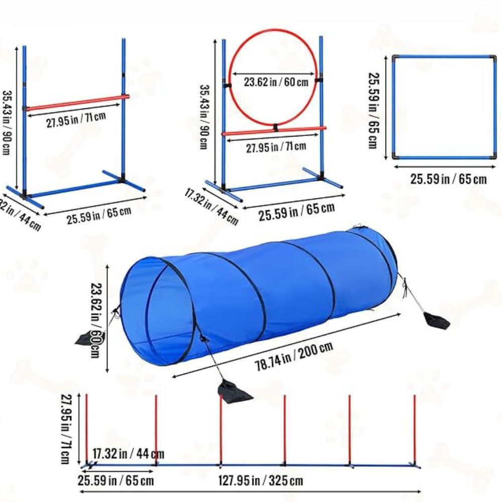 5 Piece Dog Agility Training Set Upgrade with Adjustable Hurdles and Extended Tunnel