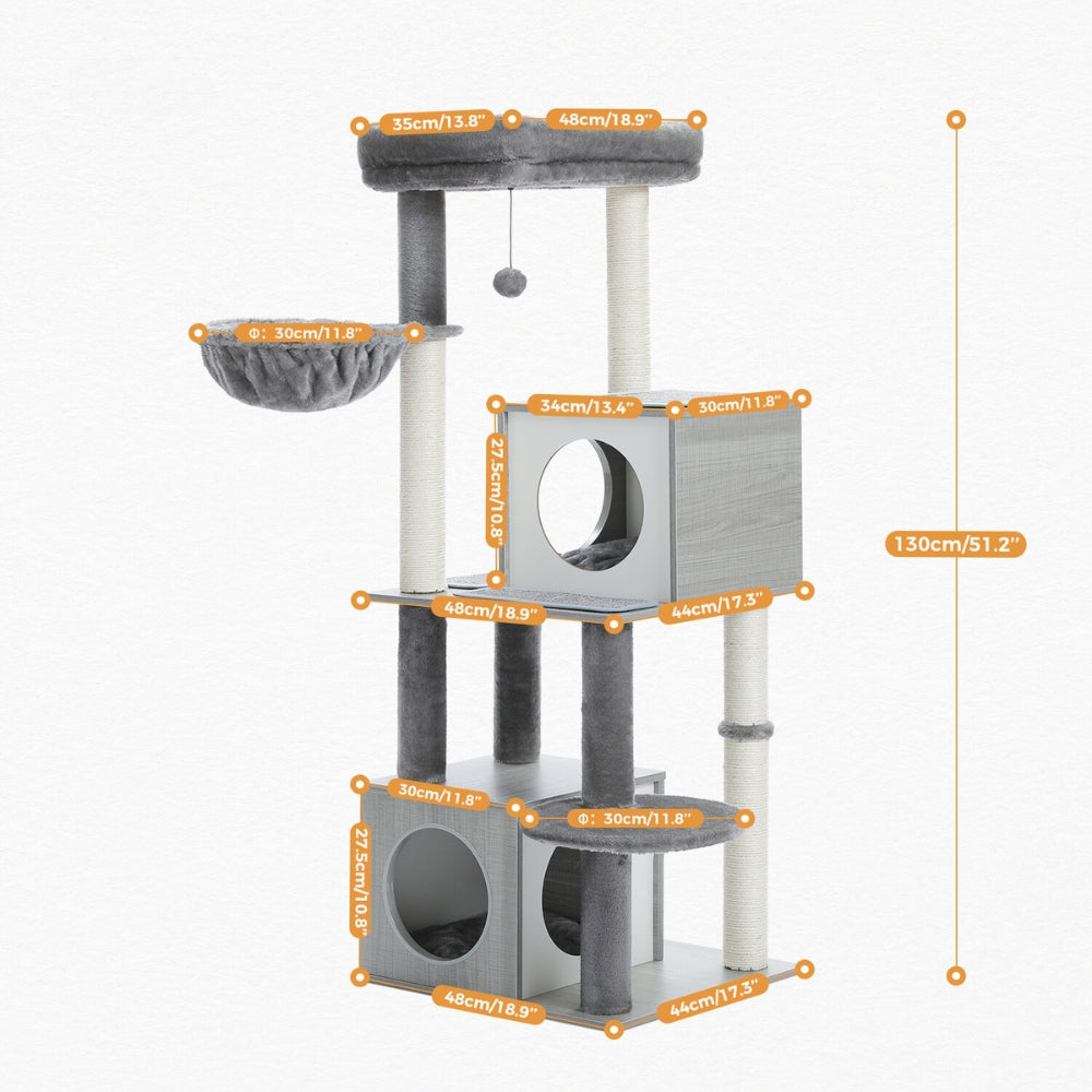 130CM Large Cat Tree Wooden Tower Indoor with Double Condos Spacious Perch Soft Hammock
