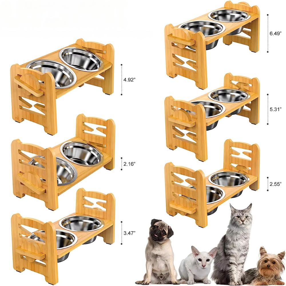 Adjustable Bamboo Elevated Dog Bowls with Stainless Steel Food Bowls