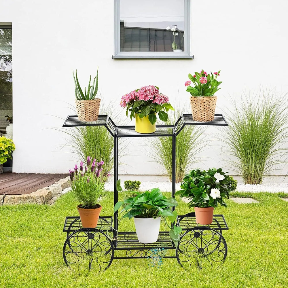 6 Tiers Metal Garden Cart Plant Stand Display Shelf Rack_8