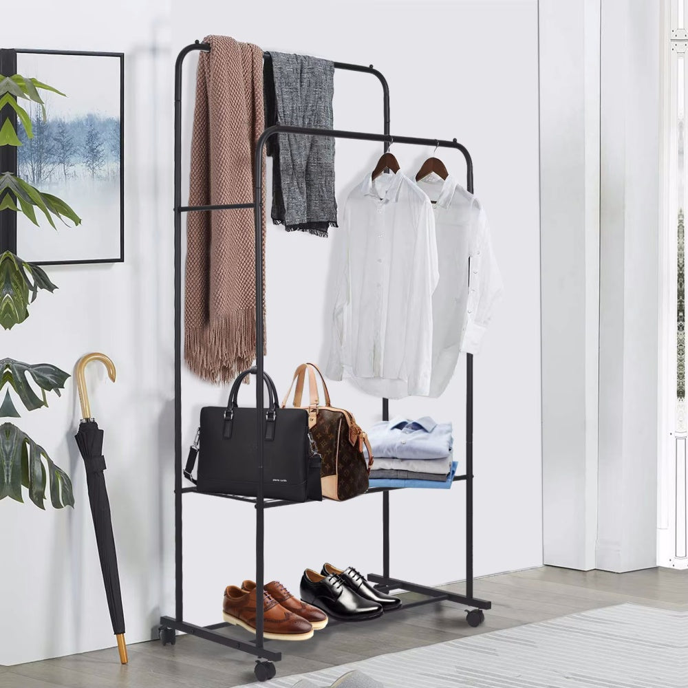 1.5m Clothes Rack Double Rail Rolling Stand Shoes Rack Storage Shelf
