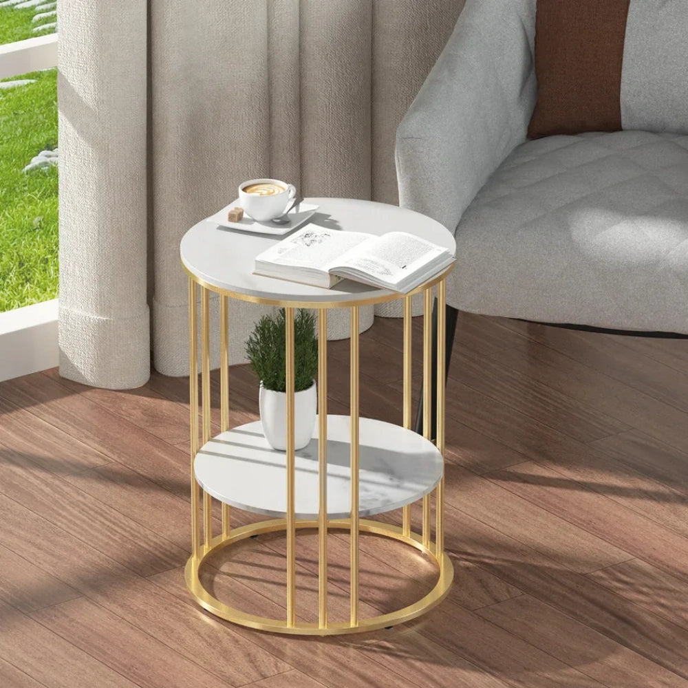 Round Marble Accent Table End 2 Tiers Storage Table - Black