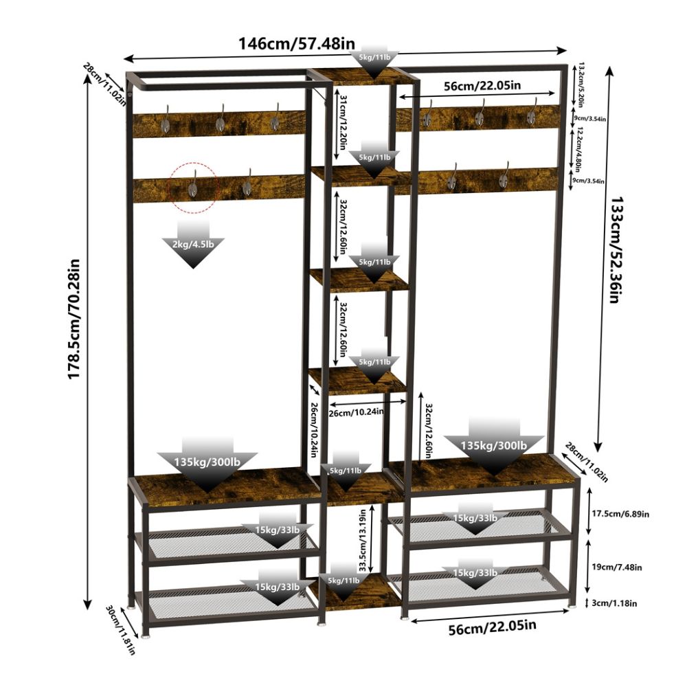 Free-Standing Corner Hall Tree with Storage Metal Coat and Hat Rack with Shoe Organizer
